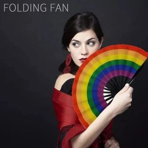 2x Black & Rainbow Hand Fans, 27in Bamboo Folding Fan, Pride Fan, Rave Clack Fan